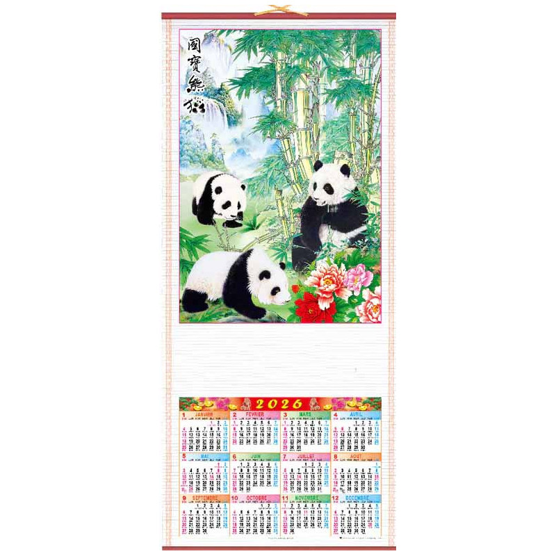Calendrier mural 2026 - Thème Pandas et Bambous