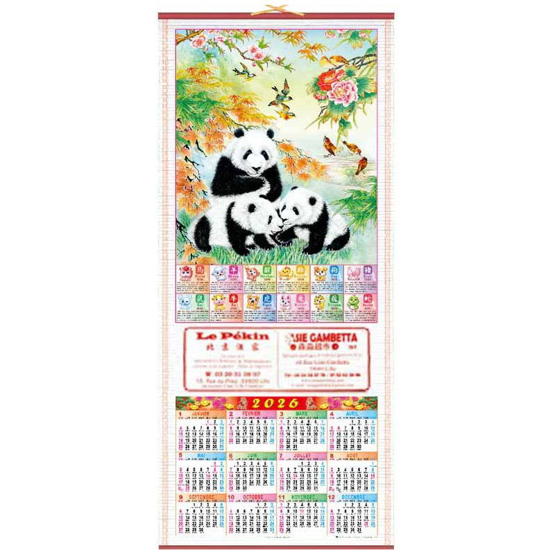🐼 Calendrier mural 2026 – Famille de pandas et nature florale